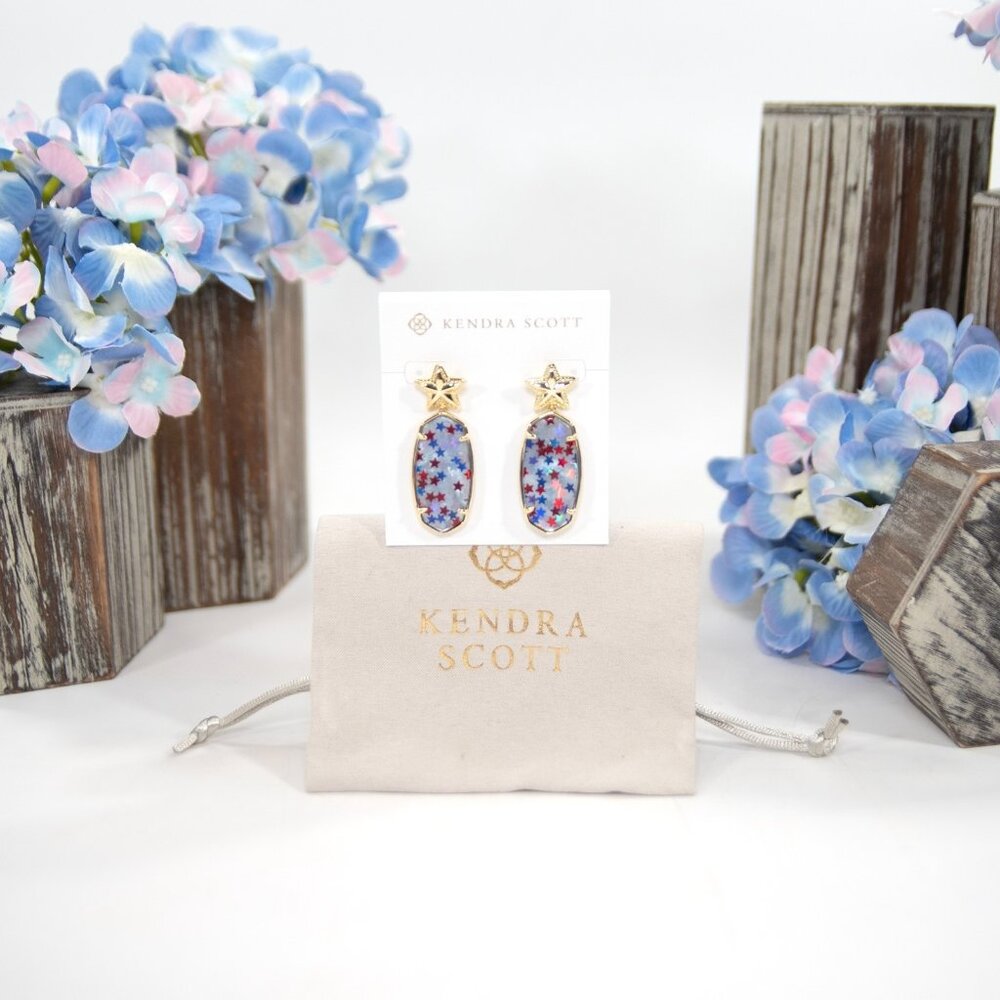 Kendra Scott Elle Gold Star Red Blue Iridescent Mother of Pearl Earrings NWT
